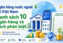Thumbnail minh họa ngân hàng nước ngoài tại Việt Nam với danh sách 10 ngân hàng, ứng dụng số và biểu tượng bảo mật