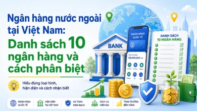 Thumbnail minh họa ngân hàng nước ngoài tại Việt Nam với danh sách 10 ngân hàng, ứng dụng số và biểu tượng bảo mật