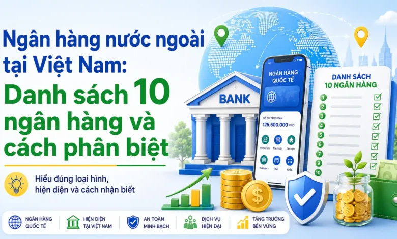 Thumbnail minh họa ngân hàng nước ngoài tại Việt Nam với danh sách 10 ngân hàng, ứng dụng số và biểu tượng bảo mật