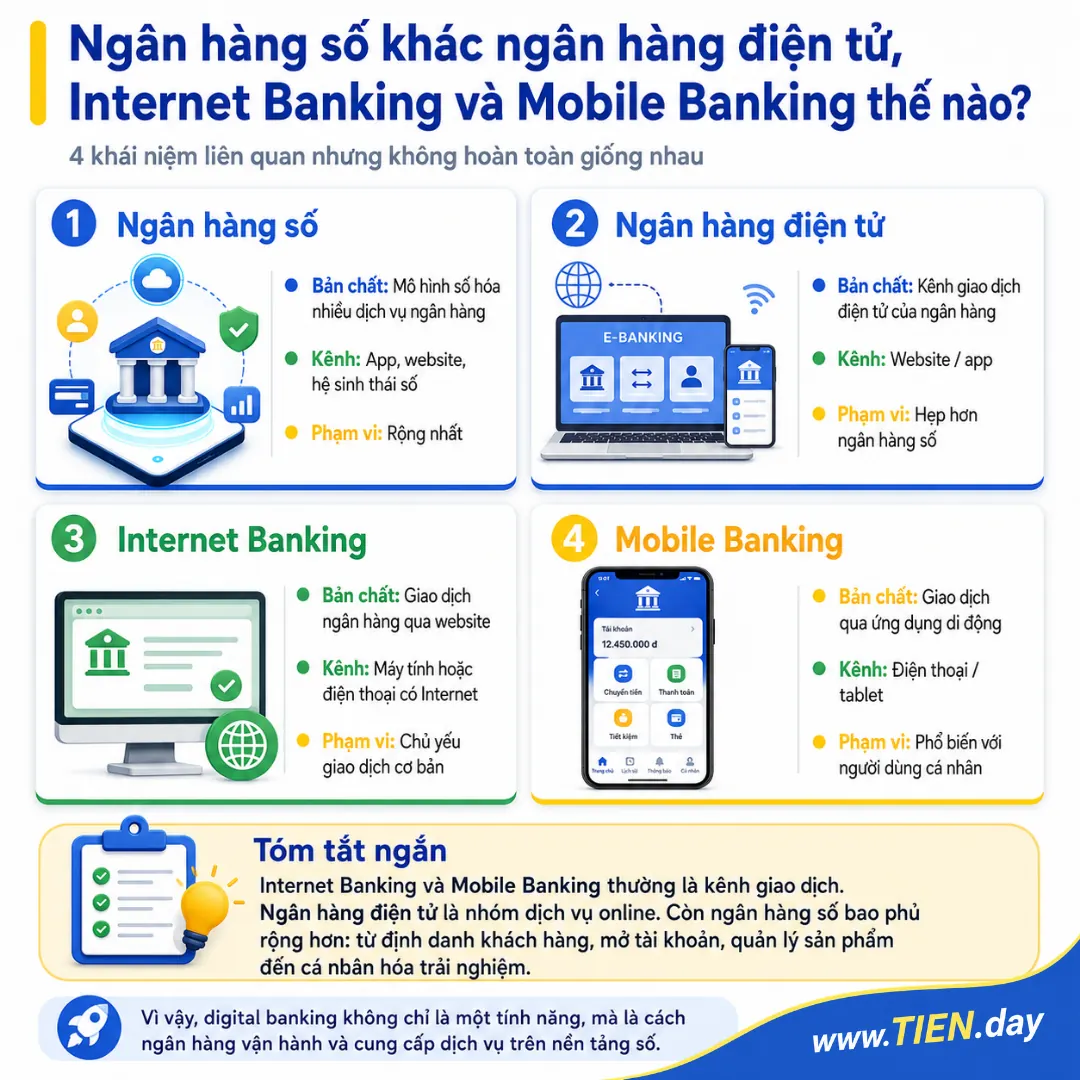 Infographic so sánh ngân hàng số, ngân hàng điện tử, Internet Banking và Mobile Banking theo bản chất, kênh sử dụng và phạm vi dịch vụ