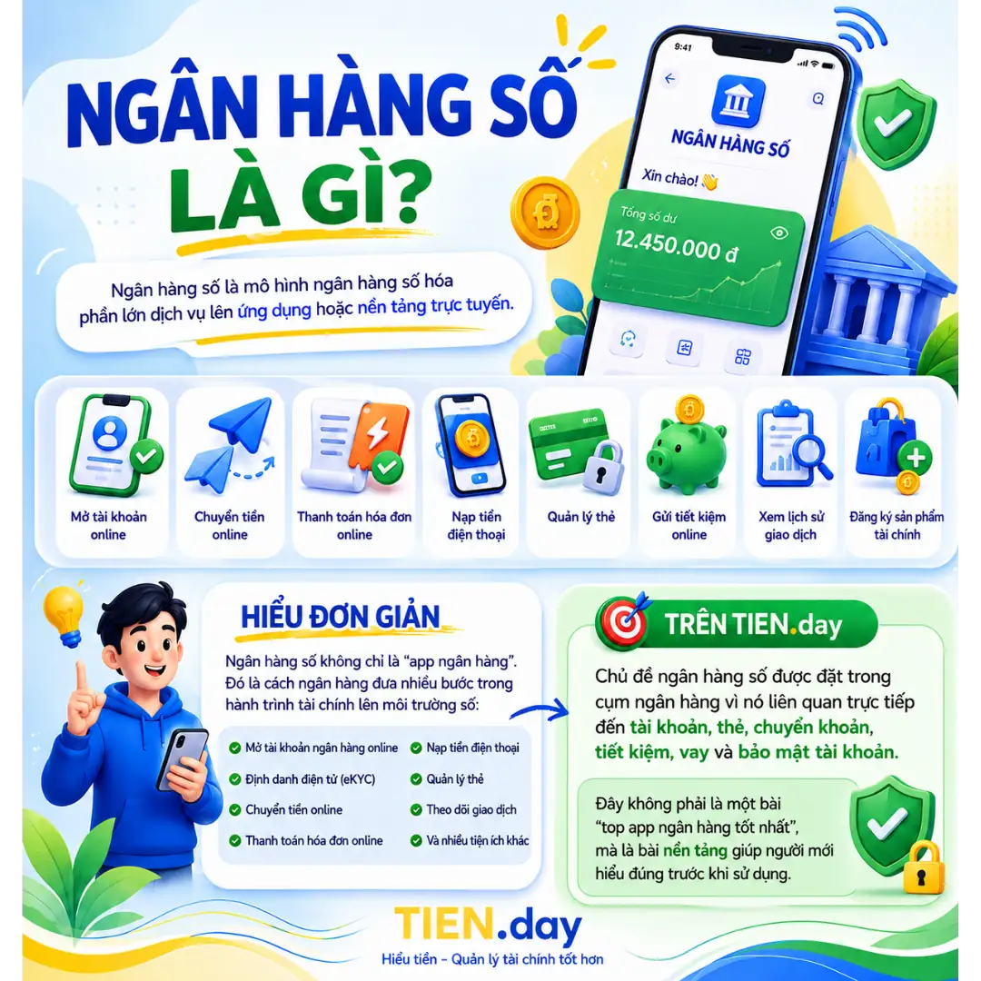 Infographic giải thích ngân hàng số là mô hình số hóa dịch vụ ngân hàng qua ứng dụng, hỗ trợ mở tài khoản, chuyển tiền và thanh toán online