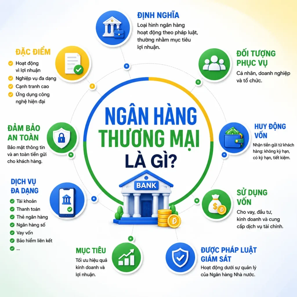 Infographic TIEN.day giải thích ngân hàng thương mại là gì, gồm định nghĩa, đặc điểm, huy động vốn, sử dụng vốn, dịch vụ và giám sát pháp luật