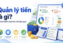 Thumbnail minh họa quản lý tiền với dashboard tài chính, ví tiền, máy tính, biểu đồ, lịch và checklist giúp kiểm soát thu chi hiệu quả