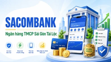 Ảnh thumbnail Sacombank với app ngân hàng, thẻ, tiền xu, checklist và biểu tượng bảo mật
