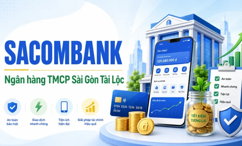 Ảnh thumbnail Sacombank với app ngân hàng, thẻ, tiền xu, checklist và biểu tượng bảo mật