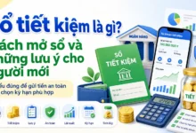 Thumbnail minh họa sổ tiết kiệm với sổ xanh, ứng dụng ngân hàng, hũ tiền và biểu tượng an toàn