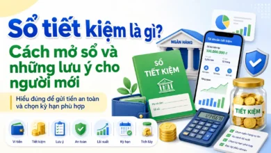 Thumbnail minh họa sổ tiết kiệm với sổ xanh, ứng dụng ngân hàng, hũ tiền và biểu tượng an toàn