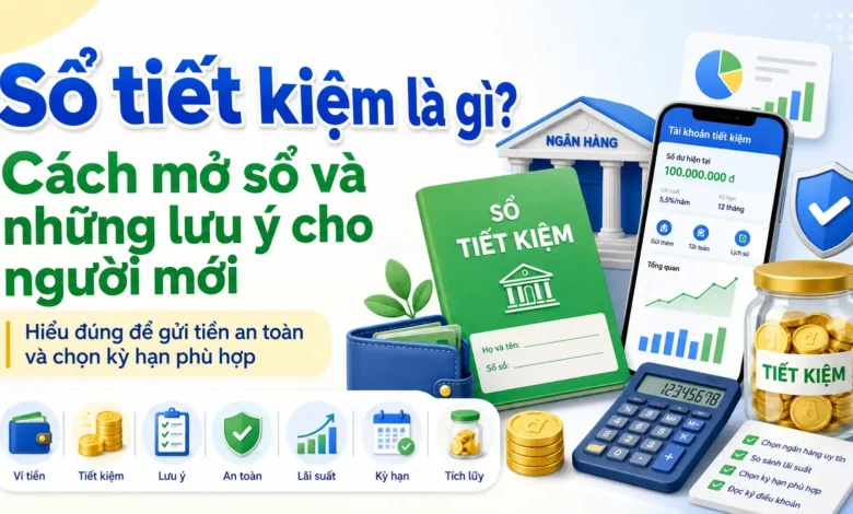 Thumbnail minh họa sổ tiết kiệm với sổ xanh, ứng dụng ngân hàng, hũ tiền và biểu tượng an toàn