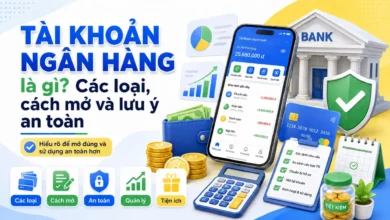 Thumbnail minh họa tài khoản ngân hàng với ứng dụng ngân hàng số, thẻ, ví tiền, máy tính, checklist mở tài khoản và khiên bảo mật