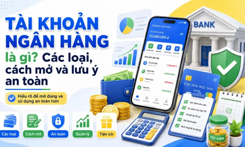 Thumbnail minh họa tài khoản ngân hàng với ứng dụng ngân hàng số, thẻ, ví tiền, máy tính, checklist mở tài khoản và khiên bảo mật