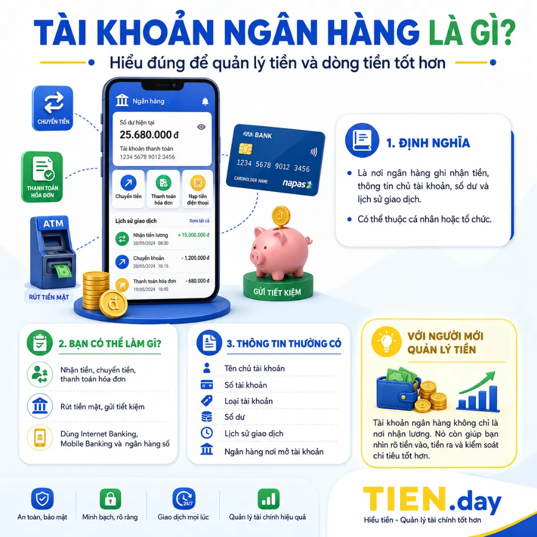 Infographic giải thích tài khoản ngân hàng, thông tin cơ bản, giao dịch và lợi ích quản lý tiền