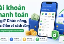 Thumbnail tài khoản thanh toán với điện thoại ngân hàng, ví tiền và biểu tượng bảo mật