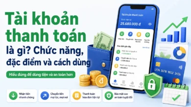 Thumbnail tài khoản thanh toán với điện thoại ngân hàng, ví tiền và biểu tượng bảo mật