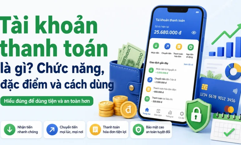 Thumbnail tài khoản thanh toán với điện thoại ngân hàng, ví tiền và biểu tượng bảo mật