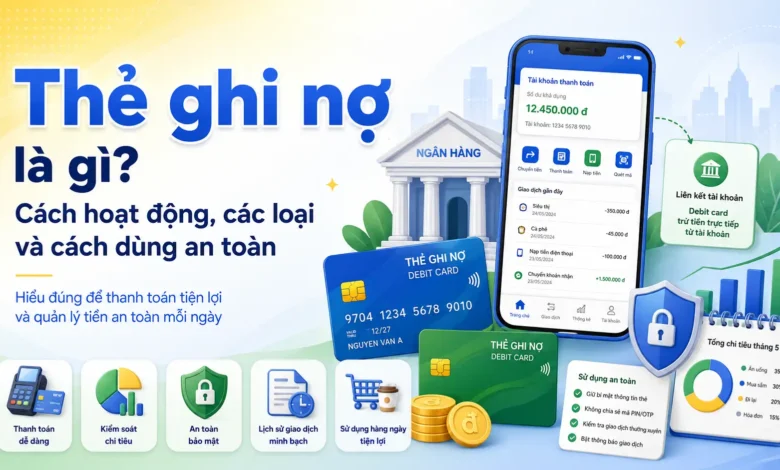Minh họa thẻ ghi nợ liên kết tài khoản thanh toán, thẻ ATM, Visa Debit và các bước sử dụng an toàn