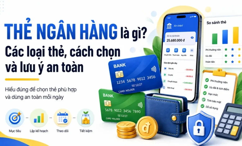 Thumbnail minh họa thẻ ngân hàng với điện thoại ngân hàng số, thẻ tín dụng và ghi nợ, ví tiền, máy tính, checklist so sánh và biểu tượng bảo mật