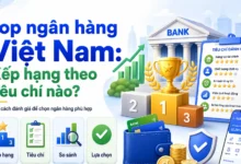 Thumbnail minh họa top ngân hàng Việt Nam với bảng tiêu chí, cúp xếp hạng, biểu đồ tăng trưởng, ví tiền và ứng dụng ngân hàng số
