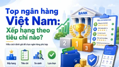 Thumbnail minh họa top ngân hàng Việt Nam với bảng tiêu chí, cúp xếp hạng, biểu đồ tăng trưởng, ví tiền và ứng dụng ngân hàng số