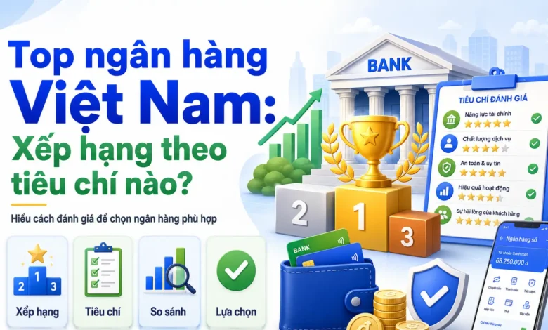 Thumbnail minh họa top ngân hàng Việt Nam với bảng tiêu chí, cúp xếp hạng, biểu đồ tăng trưởng, ví tiền và ứng dụng ngân hàng số