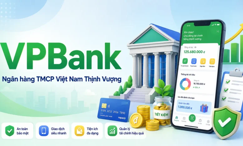 Thumbnail minh họa VPBank với ứng dụng ngân hàng số, thẻ, hũ tiết kiệm và biểu tượng bảo mật