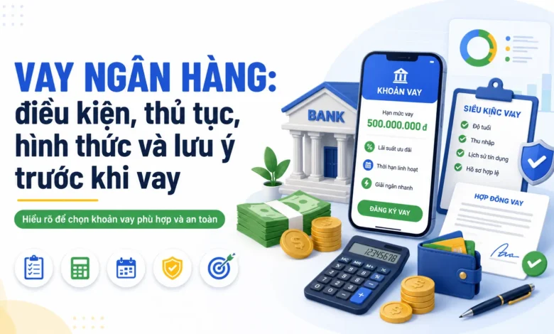 Minh họa checklist điều kiện, hồ sơ, lãi suất và khả năng trả nợ trước khi vay ngân hàng