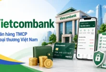 Thumbnail minh họa Vietcombank với trụ sở ngân hàng, ứng dụng số, thẻ thanh toán và biểu tượng bảo mật