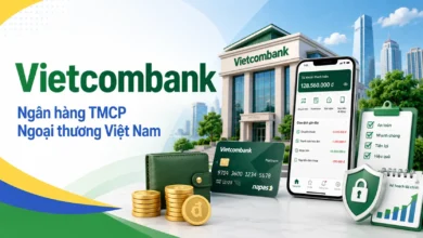 Thumbnail minh họa Vietcombank với trụ sở ngân hàng, ứng dụng số, thẻ thanh toán và biểu tượng bảo mật