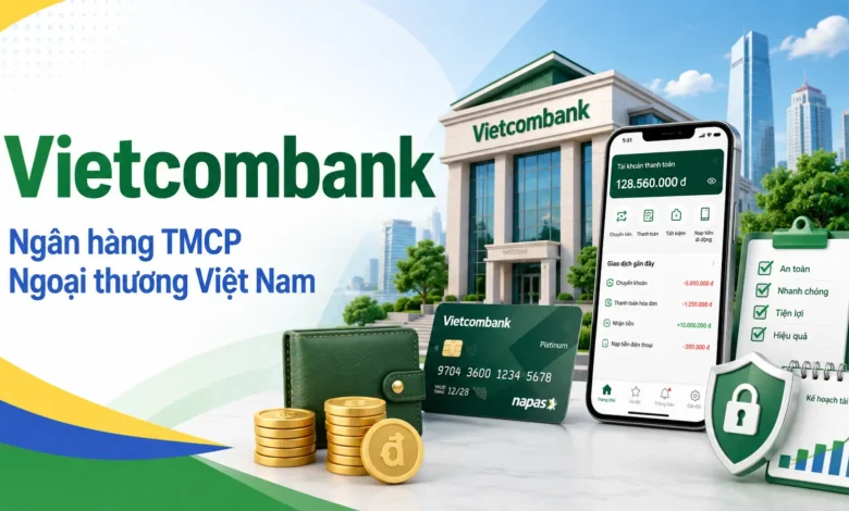 Thumbnail minh họa Vietcombank với trụ sở ngân hàng, ứng dụng số, thẻ thanh toán và biểu tượng bảo mật