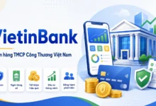 Thumbnail minh họa VietinBank với tòa nhà ngân hàng, ứng dụng số, thẻ thanh toán và biểu tượng bảo mật