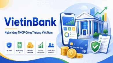 Thumbnail minh họa VietinBank với tòa nhà ngân hàng, ứng dụng số, thẻ thanh toán và biểu tượng bảo mật