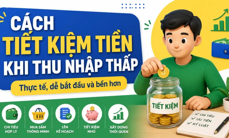 Minh họa cách tiết kiệm tiền khi thu nhập thấp bằng việc ghi chi tiêu, tách khoản nhỏ và tạo quỹ đệm cá nhân
