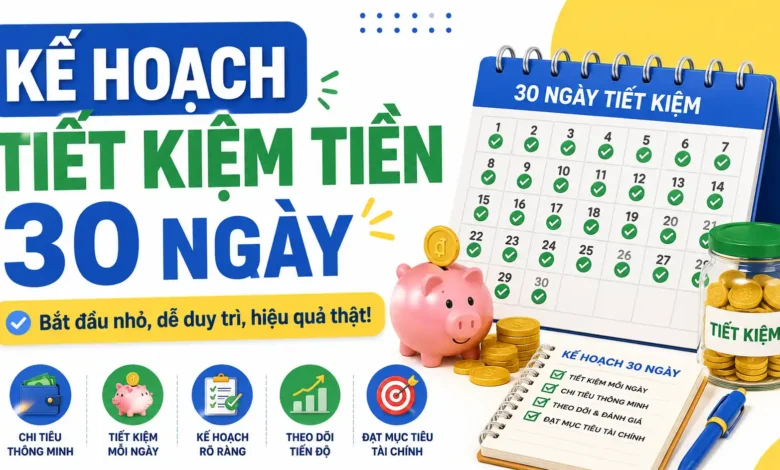 Infographic kế hoạch tiết kiệm tiền 30 ngày gồm ghi chi tiêu, giảm khoản rò rỉ, tách tiền tiết kiệm và review cuối tháng