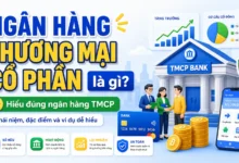 Minh họa ngân hàng thương mại cổ phần TMCP với biểu tượng ngân hàng, tài khoản, tiền gửi và thanh toán.