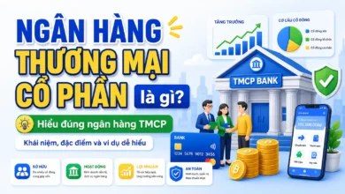 Minh họa ngân hàng thương mại cổ phần TMCP với biểu tượng ngân hàng, tài khoản, tiền gửi và thanh toán.