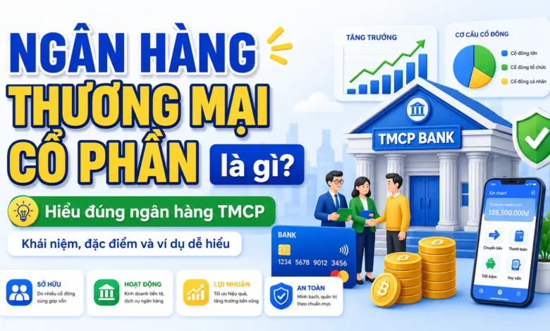 Minh họa ngân hàng thương mại cổ phần TMCP với biểu tượng ngân hàng, tài khoản, tiền gửi và thanh toán.