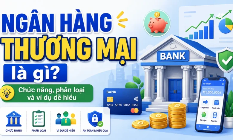 Minh họa ngân hàng thương mại với các chức năng nhận tiền gửi, cho vay, thanh toán và dịch vụ tài chính tại Việt Nam