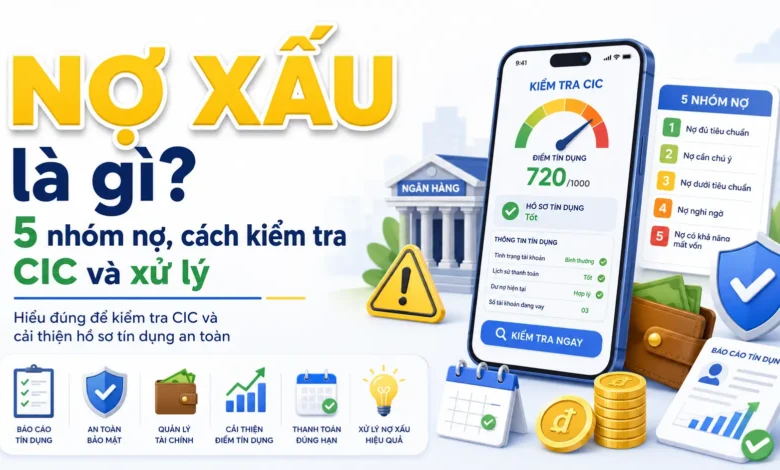 Alt text: Minh họa năm nhóm nợ, báo cáo CIC và các bước xử lý nợ xấu an toàn.