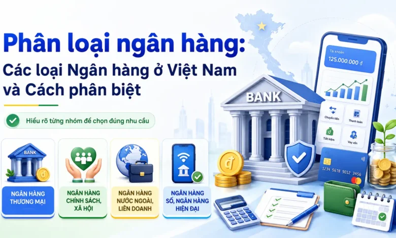 Sơ đồ phân loại ngân hàng ở Việt Nam gồm ngân hàng thương mại, chính sách, hợp tác xã, TMCP và ngân hàng vốn nước ngoài