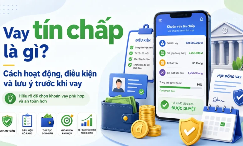 Minh họa vay tín chấp không cần tài sản bảo đảm với thu nhập, lịch sử tín dụng, lãi suất và hợp đồng vay